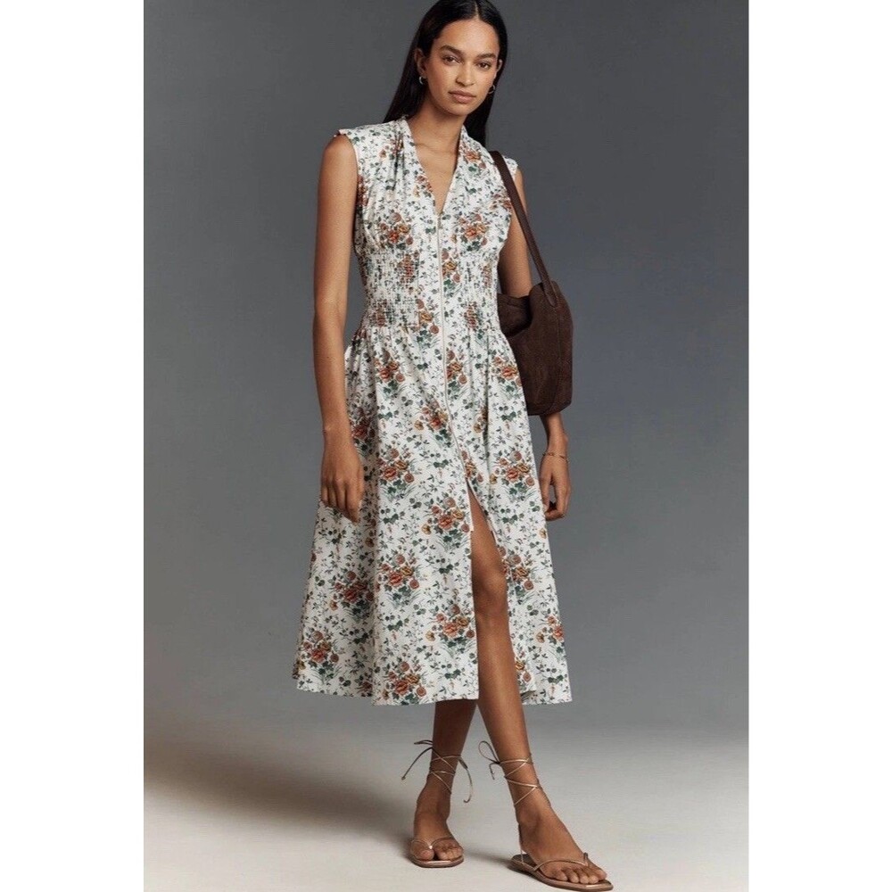 Anthropologie Shirt Dress Womens Small Tommie Cap-Sleeve Smocked Front-Zip Midi
